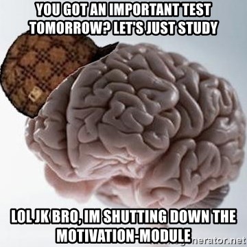 Scumbag Brain - You got an important test tomorrow? let's just study Lol jk bro, im shutting down the motivation-module