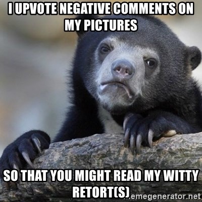 Confession Bear - i upvote negative comments on my pictures so that you might read my witty retort(s)