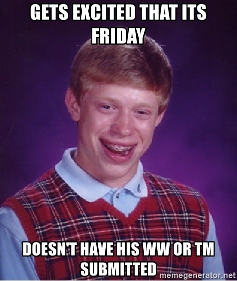 Bad Luck Brian - gets excited that its friday DOESN'T have his ww or TM submitted