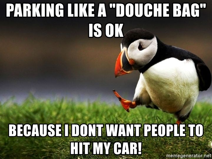 UnpopularOpinion Puffin - parking like a "douche bag" is ok  BEcause i dont want people to hit my car!