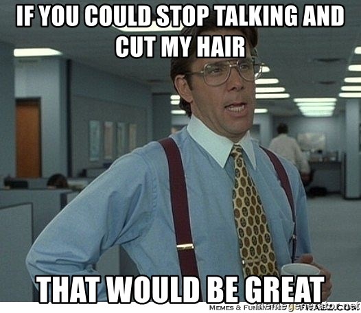That would be great - If you could stop talking and cut my hair That would be great