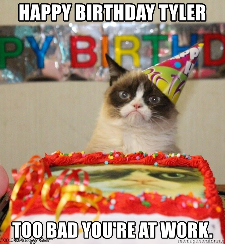 Grumpy Cat Birthday hat - Happy Birthday Tyler Too bad you're at work.