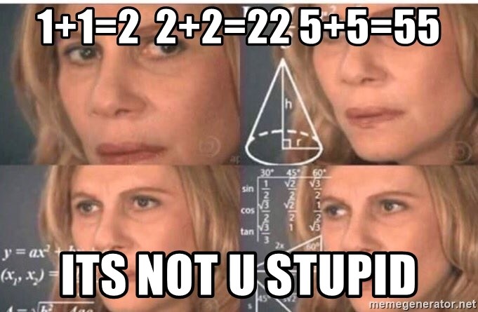 Confused Math Lady  - 1+1=2  2+2=22 5+5=55 its not u stupid