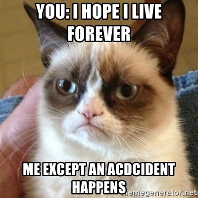 Grumpy Cat  - you: I hope i live forever  Me except an acdcident happens