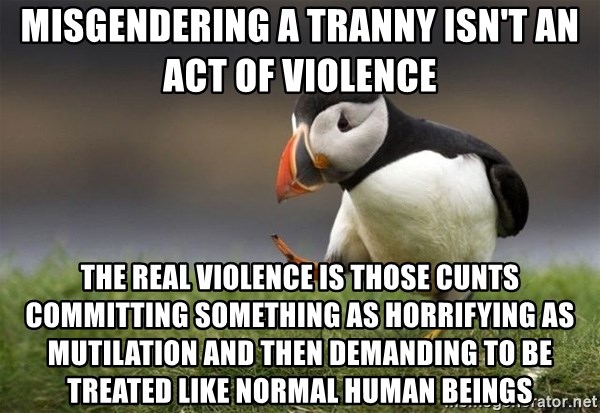 Unpopular Opinion Puffin - Misgendering a tranny isn't an act of violence The real violence is those cunts committing something as horrifying as mutilation and then demanding to be treated like normal human beings
